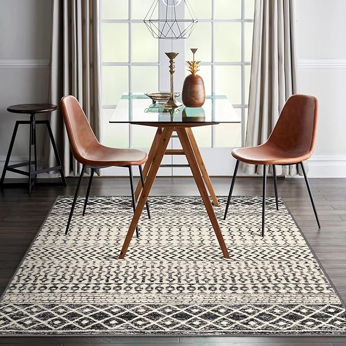 Moroccan Large Area Rug 5x7, Washable Non-Slip Black Distressed Tribal Living Room Rug, Soft Low-Pile Dining Room Rug Traditional Farmhouse Carpet for Bedroom Dorm Office Home Decor