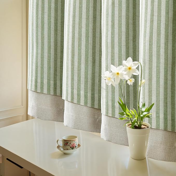 jinchan Double Layer Striped Linen Kitchen Tier Curtain Rustic Cafe for Living Room Bathroom Half Window Curtain Light Filtering Rod Pocket 1 Panel 36 Inch Sage Green