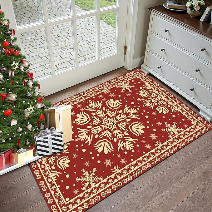 2' X 3' Christmas Rug Snowflake Area Rug Indoor Washable for Kids Girls Boys Women Entryway Dorm Laundry Xmas Doormat Red Merry Christmas Indoor Floor Mat Pad Carpet