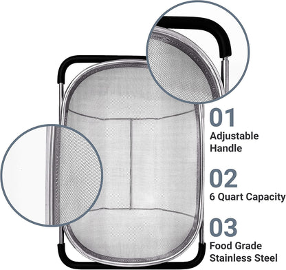 Makerstep Over the Sink Colander Strainer Basket Stainless Steel, For Kitchen Sink with Rubber Grip, Fine Mesh, Large Kitchen Gadgets Tools, Expandable Home Kitchen Essentials