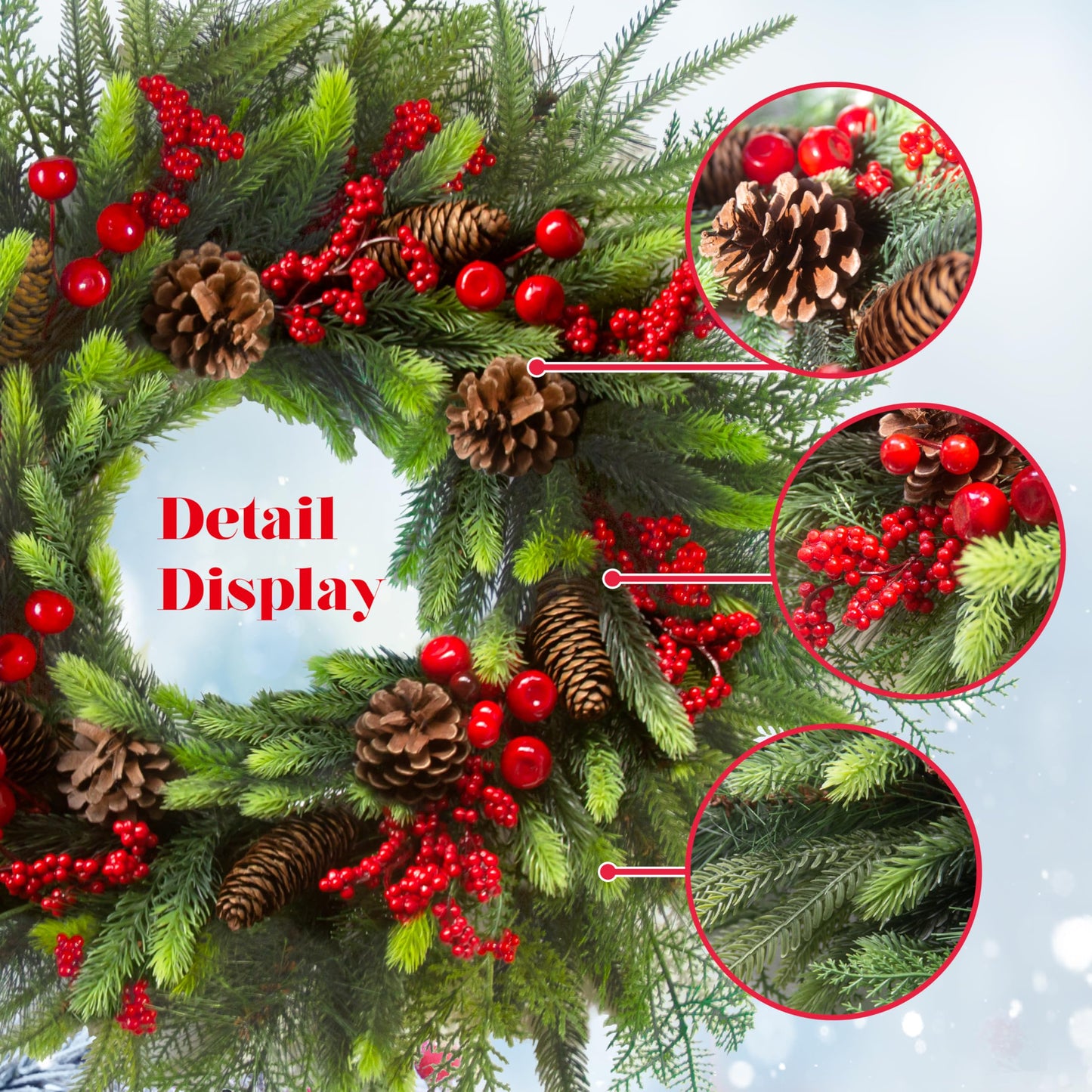 24 Inch Christmas Wreath with Red Berries, Pinecones and Greenery – Artificial Holiday Front Door Cedar Wreath for Farmhouse, Winter Indoor Outdoor Xmas Home Décor