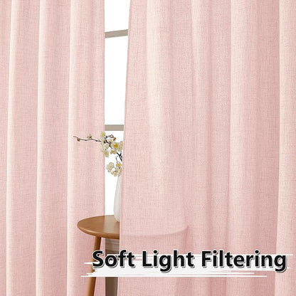 Tollpiz Short Linen Curtains Bedroom Rod Pocket Semi Sheer Curtain Burlap Light Filtering Thick Linen Drapes for Living Room, 38 x 45 inches Long, Pink, Set of 2 Panels
