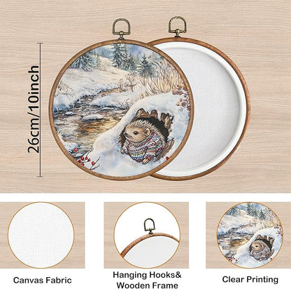 KSDUT Vintage Winter Wall Decor Art - Snowy Hedgehog Wall Art Canvas Frame Hanging Prints, Retro Xmas Forest Woodland Wild Animal Round Wall Art Decor for Home Farmhouse Decorations 10"x10"