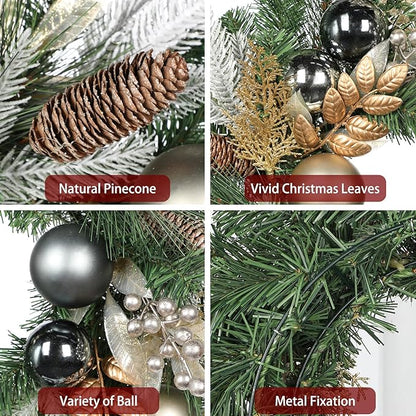 20 inch Christmas Door Wreath, Norfolk Pine Wreaths for Front Door with Silver Ball Glittered Leaf Spray Stems Pinecones Berries for Fireplace Xmas Decorations, Wall Window Indoor Outdoor Decor