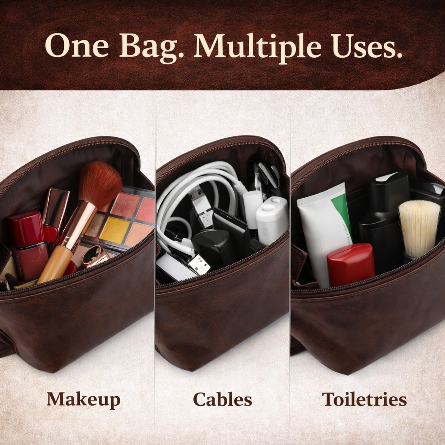 TheAntiq Genuine Leather Toiletry Bag for Men & Women, Leather Makeup Bag, Travel Dopp Kit Organizer with YKK Zipper, Handmade Cosmetics Case for Toiletries & Makeup (9 x 6 x 4 Inch)