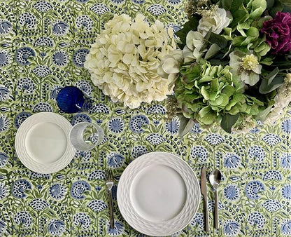 ATOSII Amara Green 100% Cotton Square Fall Tablecloth, Handblock Floral Print Linen Table Cloth for Kitchen Dining I Weddings, Outdoors, Parties, Easter I Fall Decor 60 X 60 Inches I 4 Seater