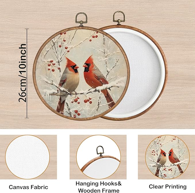 KSDUT Cardinal Wall Decor Art - Memorial Wall Art Canvas Frame Hanging Prints, Vintage Winter Snowy Round Wall Art Decor for Home Farmhouse Bedroom Decorations 10"x10"