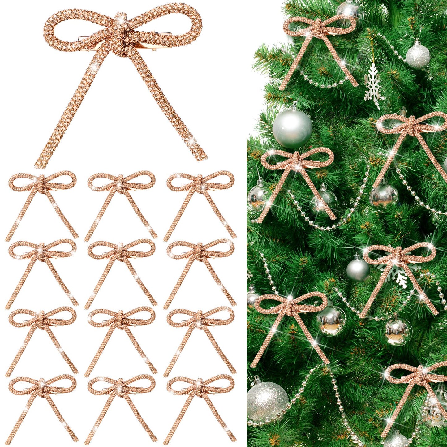 12 Pcs 3.2''x2.8'' Gold Glitter Christmas Bows Ornaments with Clip Metal Shiny Christmas Tree Decorations Bows for Wreath Garland Xmas Party Decorations Wedding Baby Shower Home Indoor Outdoor