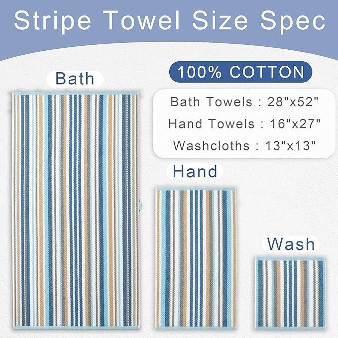 Striped Towels Set, 1 Bath 28"x52", 1 Hand 16"x27", 1 Face 13"x13", Luxury Bath