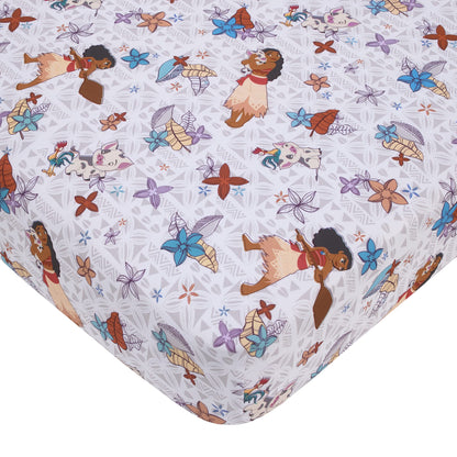 Disney Moana Free as The Ocean Aqua, Purple, Orange and White Tropical 4 Piece Toddler Bed Set - Comforter, Fitted Bottom Sheet, Flat Top Sheet, and Reversible Pillowcase