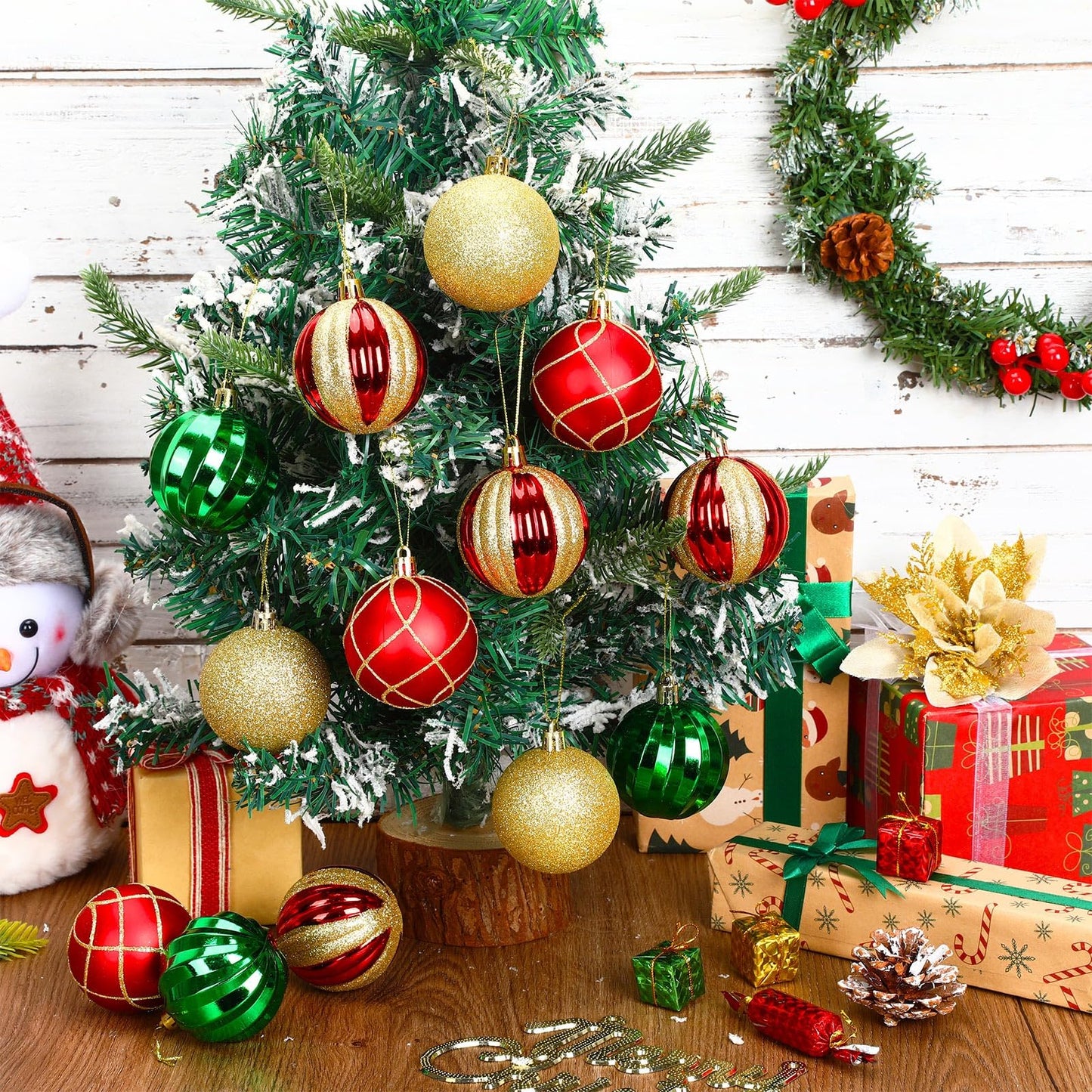 JULMELON 24PCS Christmas Ball Ornaments Hanging Balls Red Green Gold Shatterproof Decorations for Xmas Tree Home Decor for Party Holiday Wedding Anniversary DIY Craft Decor Supplies (2.36 Inches/60MM)