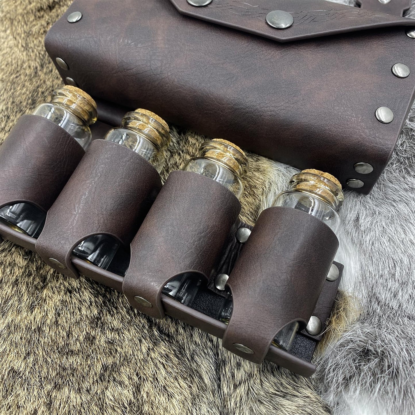 HiiFeuer Medieval Alchemy Faux Leather Belt Bag with 4 Cork Potion Vials, Fantasy Wizard Waist Pouch Side Pack for Ren Faire (Brown A)