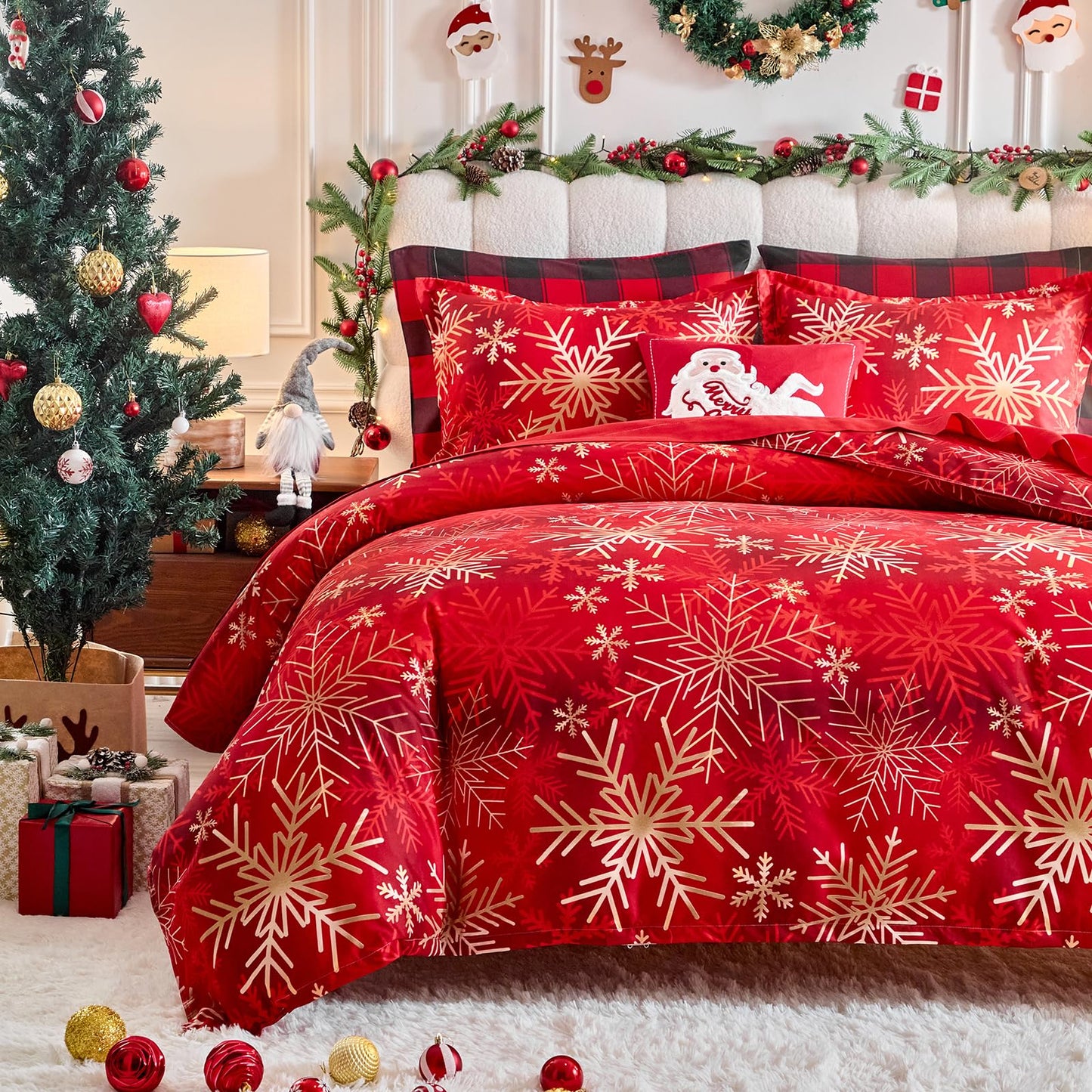 Joyreap 3pcs Christmas Duvet Cover Set King, Xmas Golden Snowflakes Black and Red Tie-dye Design Bedding Set, Includes 1 Duvet Cover and 2 Pillow Shams