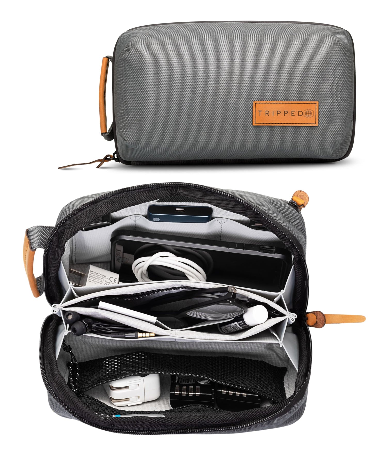 Tech Bag Organizer - Small Electronics Organizer Pouch for Travel - Premium Travel Case with Leather Accents - Mesh Pocket for Cables, Cords and Chargers (Grey)