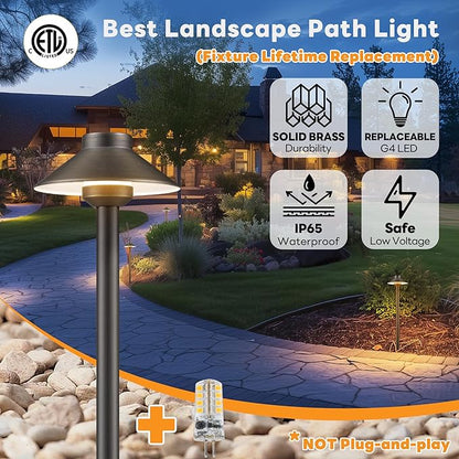 Gardenreet Outdoor Brass Pathway Lights - Low Voltage Landscape Path Lighting Wired, 12v Pathlight LED IP65 Waterproof, Hat-top Bronze for Outside Walkway Yard with 3W 270LM 2700K Warm White G4 Bulb
