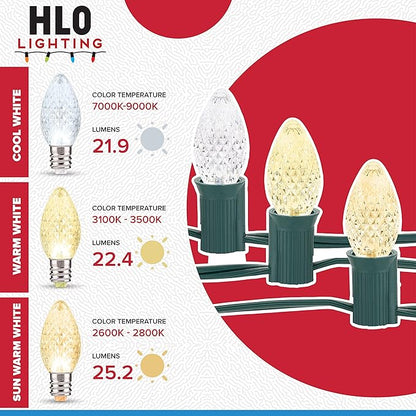 HLO Lighting Smooth C9 Christmas Lights | Sun Warm White LED Bulbs for Indoor & Outdoor Christmas Decor | Set of 500