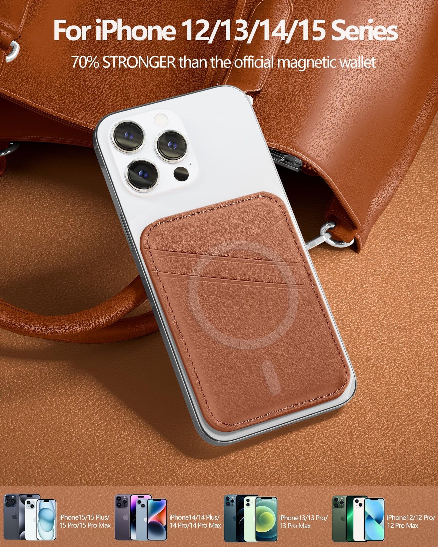 Miroddi Genuine Leather Magnetic Wallet Card Holder for iPhone 17/16/15/14/13/12 Series, 0.12” Ultra-Thin Magnetic Phone Wallet, 3 Card Slots, Fits 3 Cards, RFID Blocking, Brown