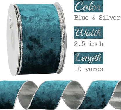 MEEDEE Crushed Teal Velvet Ribbon with Silver Back Double Sided 2.5 inch 10 Yards Blue and Gray Wired Ribbon for Christmas Tree, Wreath Supplies, Crafts Bow, Garlands, Seasonal Decorations