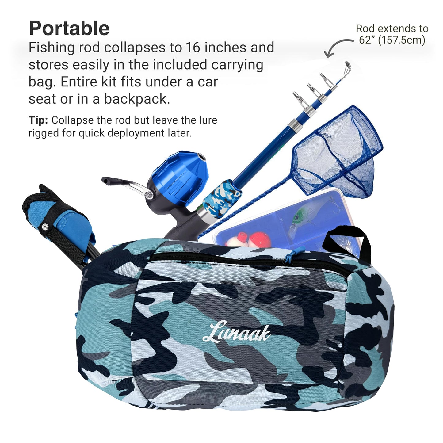 Lanaak Beginner Kids Fishing Pole & Tackle Box - Camo Blue Kids Fishing Rod