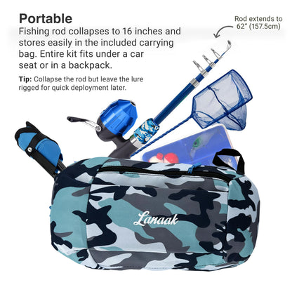 Lanaak Beginner Kids Fishing Pole & Tackle Box - Camo Blue Kids Fishing Rod