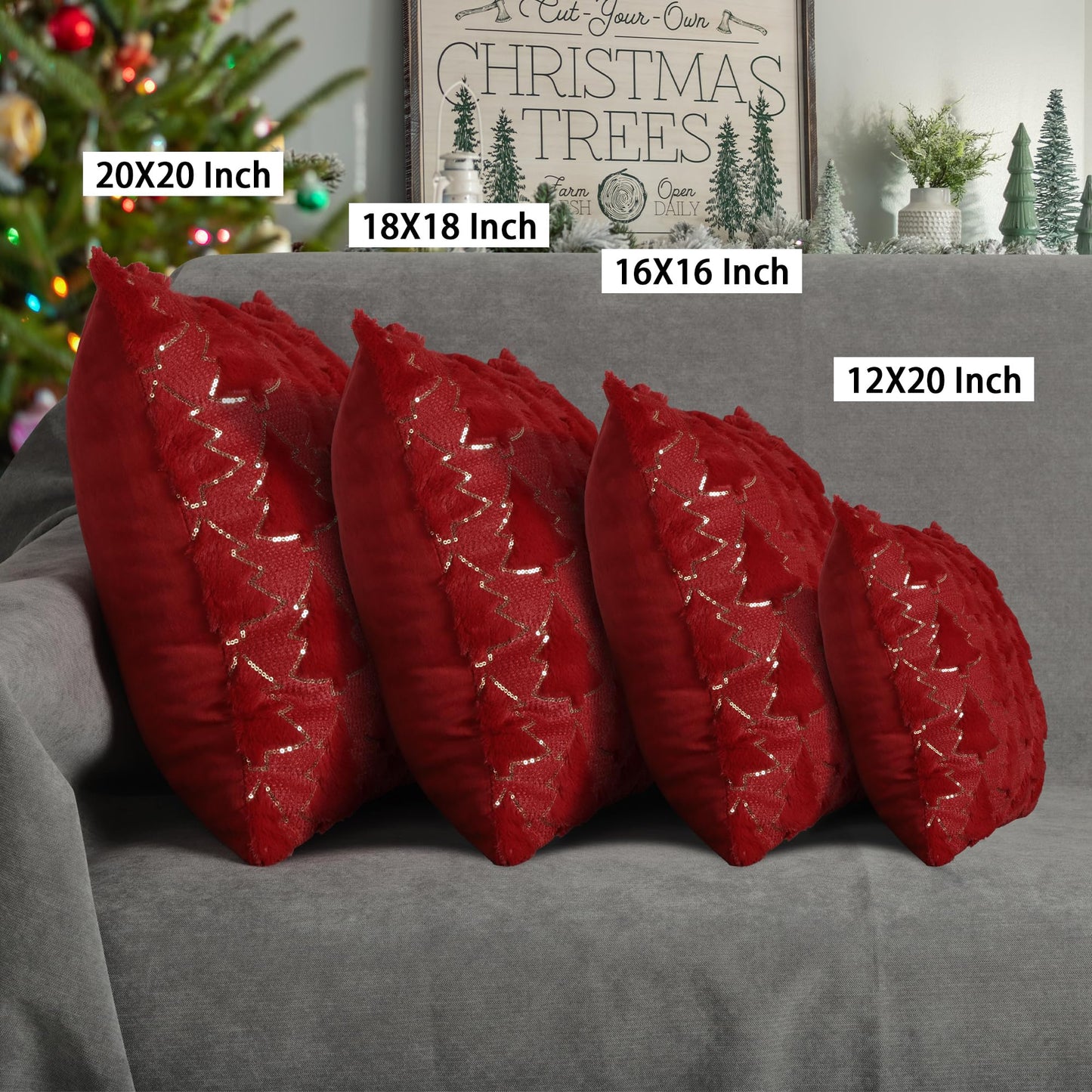 4TH Emotion Christmas Tree Decorative Pillow Covers 18x18 Set of 2, Red Soft Plush Faux Fur Farmhouse Throw Cushion Cases for Xmas Winter Holiday Home Decorations