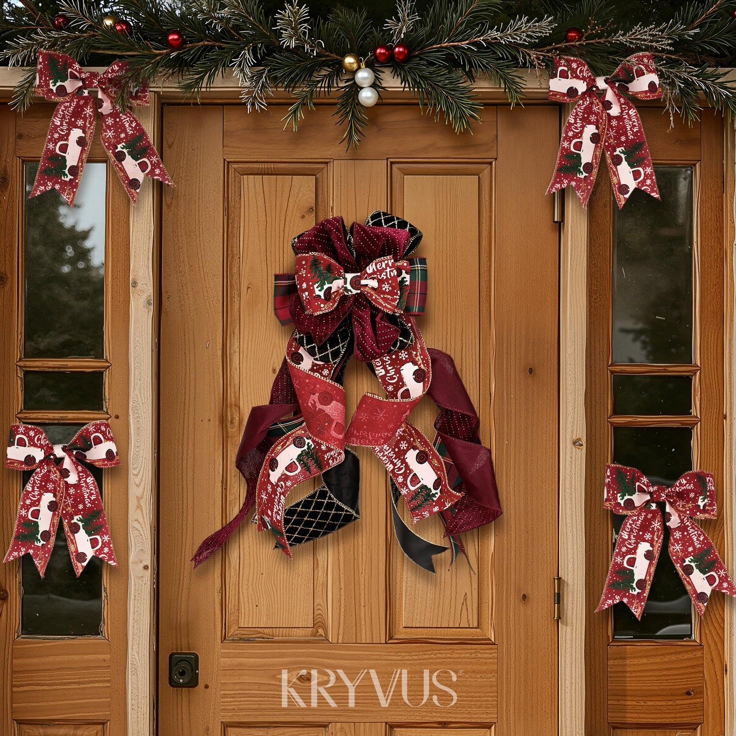 Kryvus Christmas Wired Ribbon, 2.5 Inch x 10 Yards, Red Linen Christmas Ribbon with Gold Wired Edge for Wreaths, Gift Wrapping, Christmas Tree Decorations & Holiday Crafts (Truck/Snow)