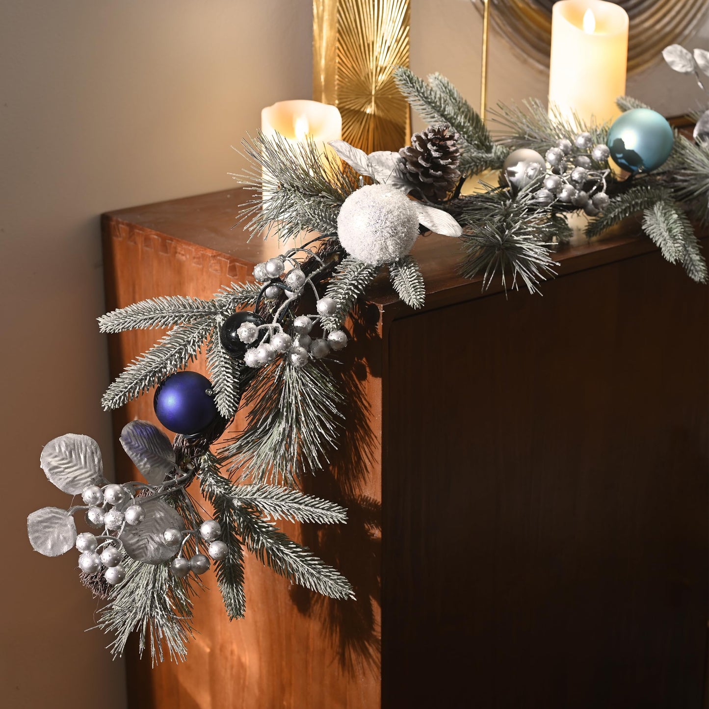 Valery Madelyn 6 Ft Pre-Lit Christmas Garland with Lights for Mantle, Lighted Outdoor Xmas Garland with Silvery Blue Balls Norfolk Pine for Home Stairs Fireplace Table Centerpiece Indoor Holiday Decor