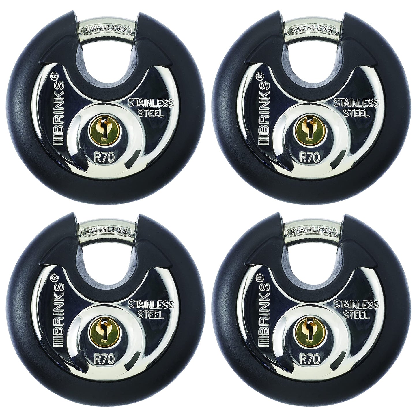 BRINKS Heavy Duty Padlock with Key - 70mm Discus Keyed Lock for Storage Shed, Garage, Storage Lockers, Sliding Doors, Tool Box, and Cabinets, 4 Pack