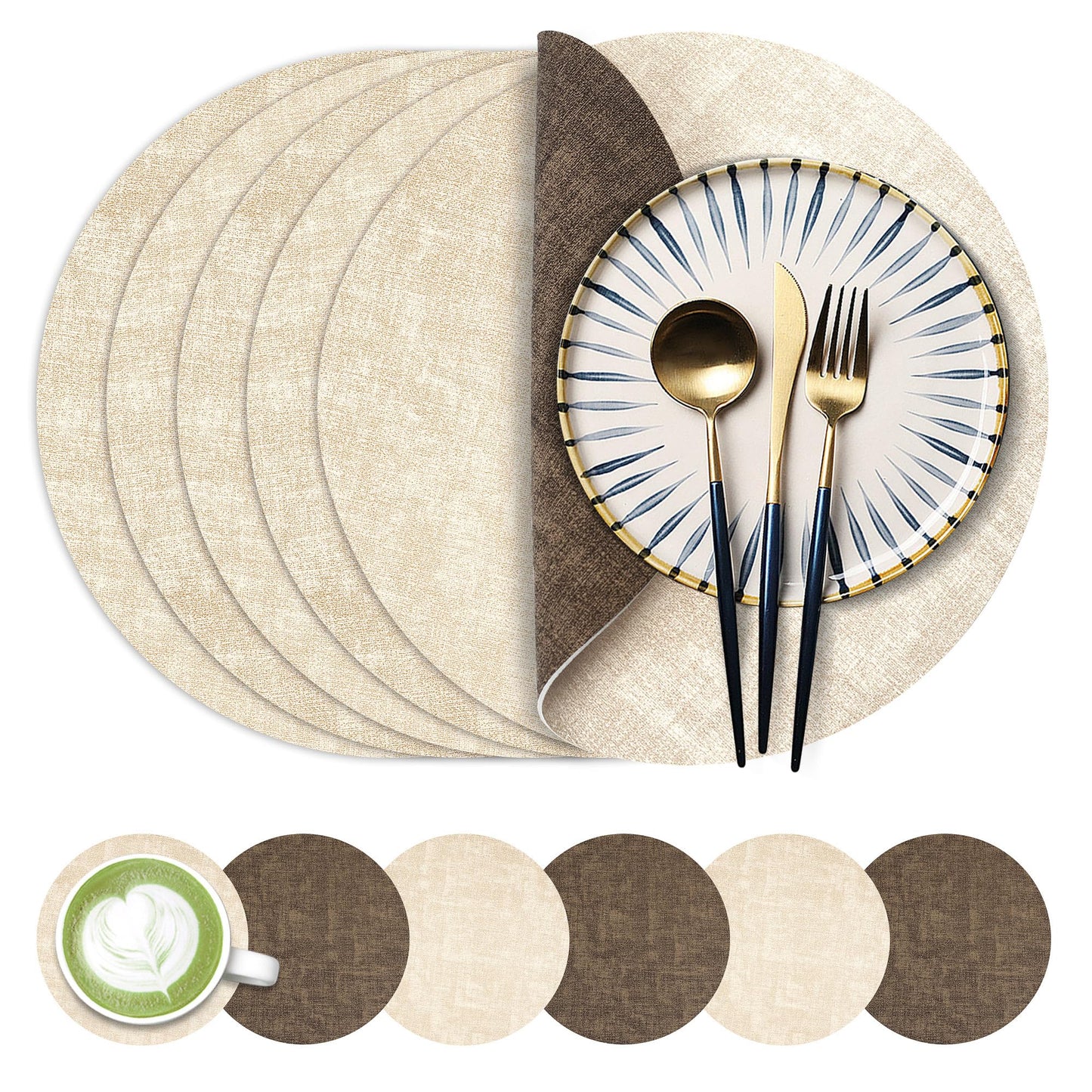 13-Inch Faux Leather Round Placemats Set of 6, Waterproof Anti-Slip Dual Sided Place mats, Heat Resistant Washable Table Mats with Coaster, Suitable for Indoor & Outdoor (6, Beige Dark Coffee)