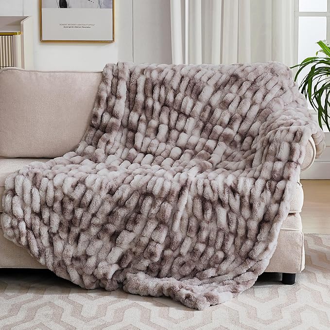 Ultra Soft Luxury Faux Fur Throw Blanket for Counch,Fuzzy Fluffy Plush Warm Cozy Elegant Wrinkled Blanket for Sofa Bedroom Living Room,（50"x60",Tie-dye Taupe）