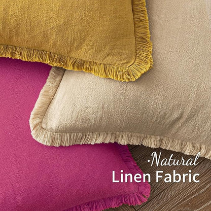 MIULEE Decorative Throw Pillow Covers Neutral Linen Fringe Throw Pillows Set of 2 Hot Pink Boho Farmhouse Cushion Covers with Tassels for Couch Sofa Bed Living Room Spring Home Decor 20x20 Inch