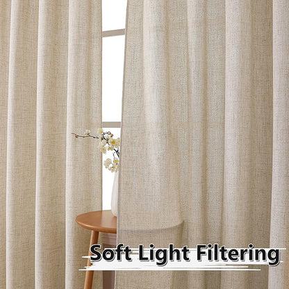 Tollpiz Short Linen Curtain Bedroom Rod Pocket Semi Sheer Curtains Burlap Light Filtering Thick Linen Drape for Living Room, 38 x 54 inches Long, Natural, Set of 2 Panels
