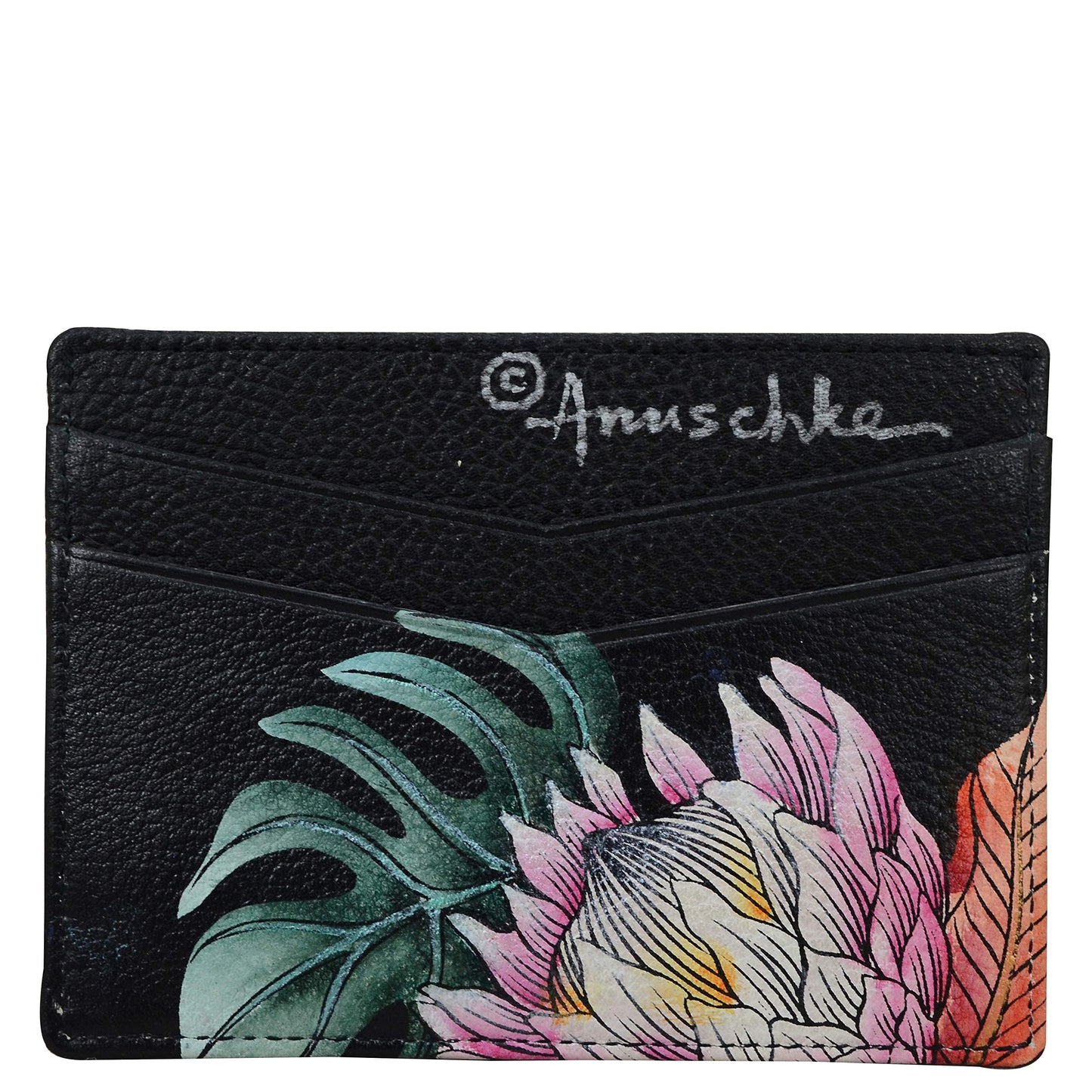 Anuschka Women’s Hand-painted Genuine Leather Credit Card Case - One Open Pocket, Four Card Holders - Island Escape Black