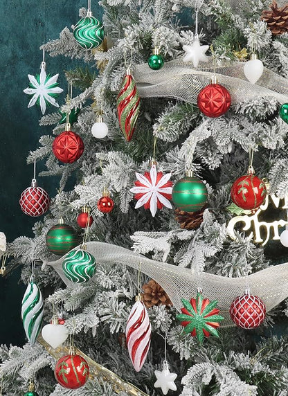 82Pcs Red and Green Christmas Tree Ornaments Set,Shatterproof Christmas Decorations for Tree Assorted Plastic Craft Baubles Snowflake Ball Ornaments for Holiday Party Decor (Red&Green&White)
