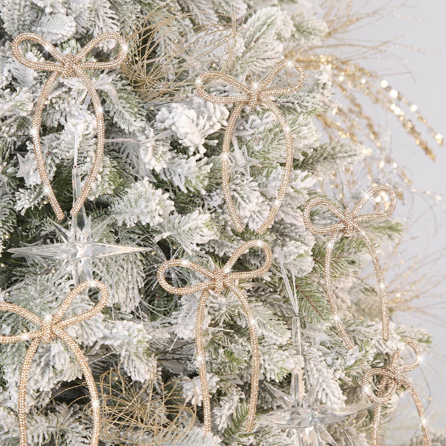 FLAIR GIFTS 6 Pcs 2026 Christmas Bows Ornaments, Champagne Gold Sparkly Glitter Rhinestone Bow Ornaments with Twist Tie for Xmas Tree Decoration, Wreath, Garland, Gift Wrapping