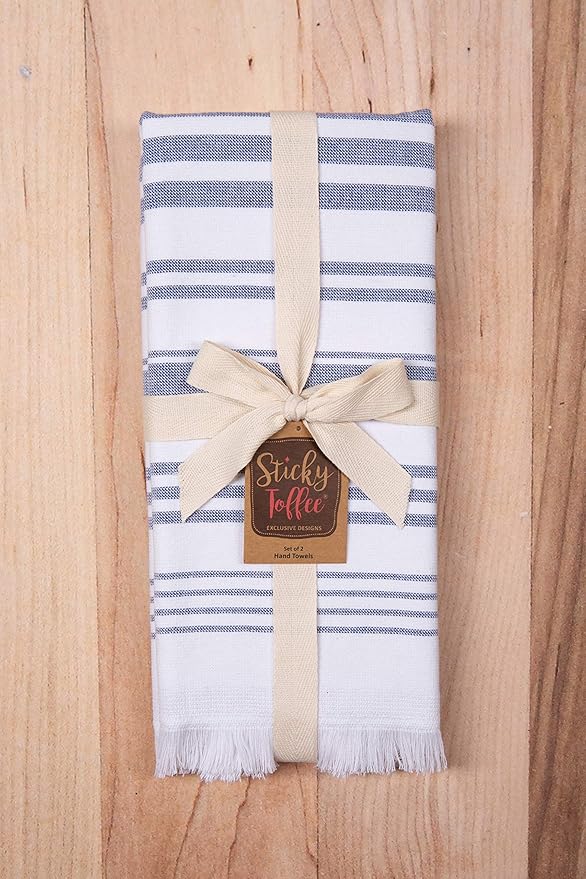 Sticky Toffee Hand Towels for Bathroom Set of 2 – 28x16 in White and Navy Blue