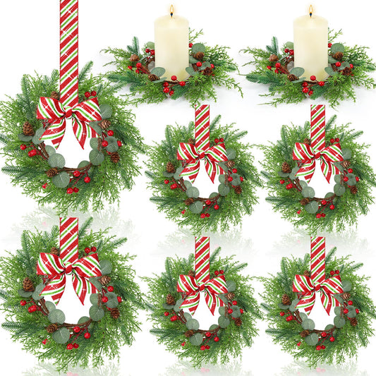 Suncalla 8 Pcs Christmas Kichen Cabinet Wreaths Bulk 7.87 Candy Cane Artificial Faux Candle Ring Wreath with Glitter Red White Green Ribbon Bow Pine Berries Christmas Decor for Xmas Home Window Door