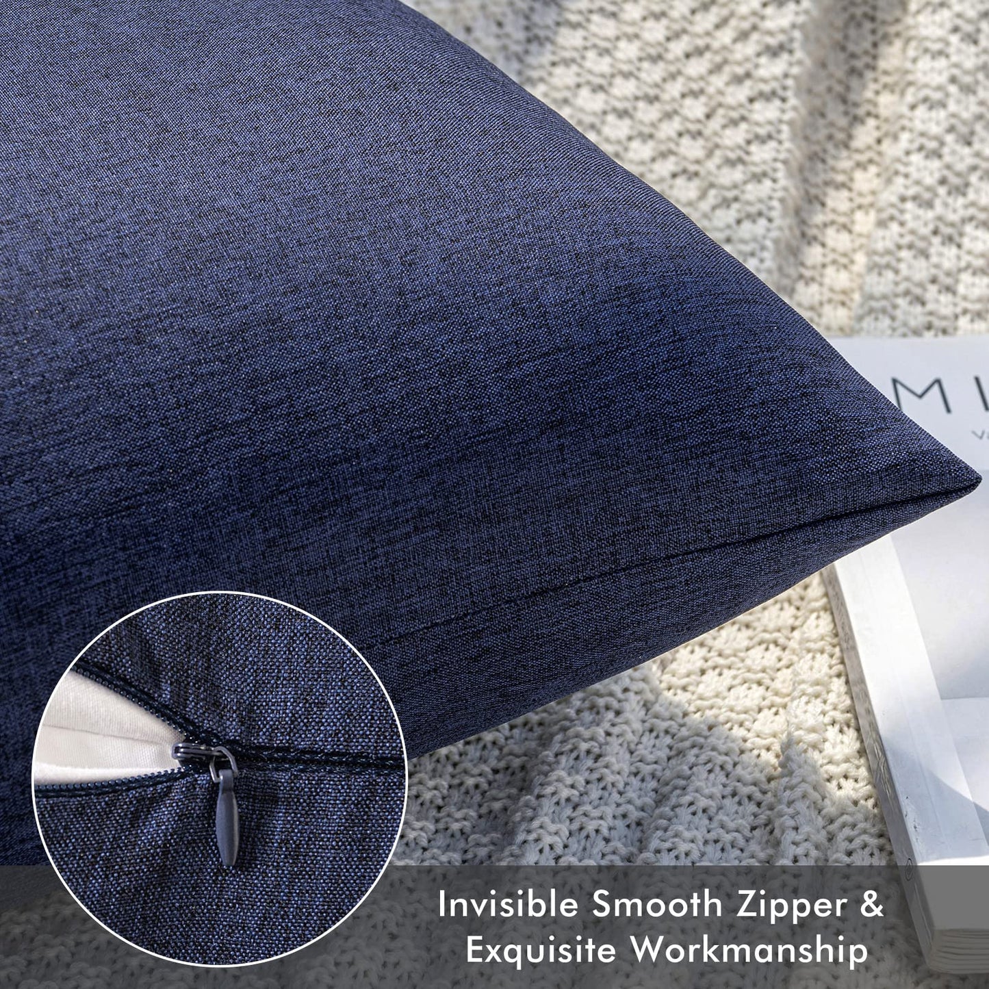 MIULEE Pack of 2 Decorative Outdoor Solid Waterproof Throw Pillow Covers Faux Linen Garden Farmhouse Cushion Cases for Summer Patio Tent Balcony Couch Sofa 18x18 Inch Navy