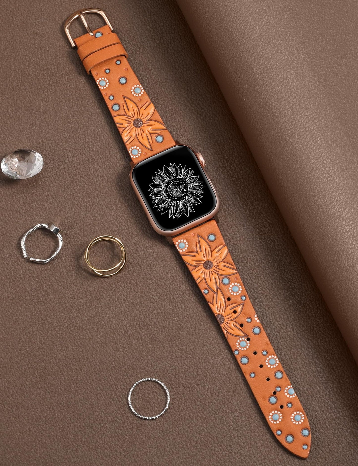 Minyee Leather Band Compatible with Apple Watch Band 41/40/38/44/45/46/49/42mm Women, Boho Western Embossed Sunflower Floral Designer Leather Strap for iWatch Series 11 10 9 8 7 6 5 4 SE/Ultra 3 2 1