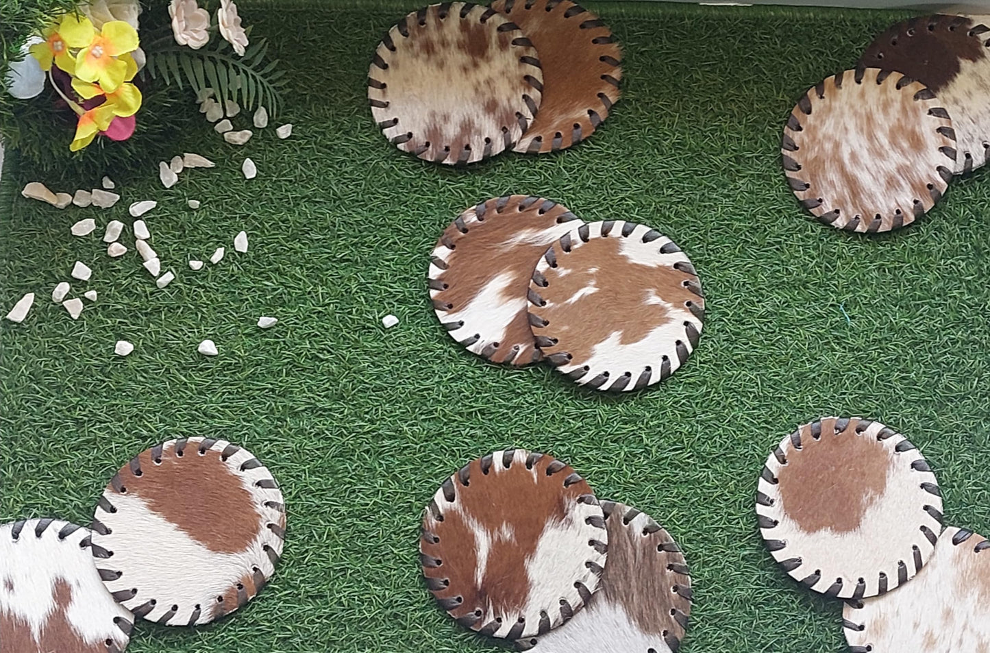 Cowhide Coasters Set of 6 pcs Round Natural Cowhides Drink Pads Hair On Genuine Leather Tea Cup Mats Home Decor & Home Living Ideas Multicolor Furry, Stain Protection