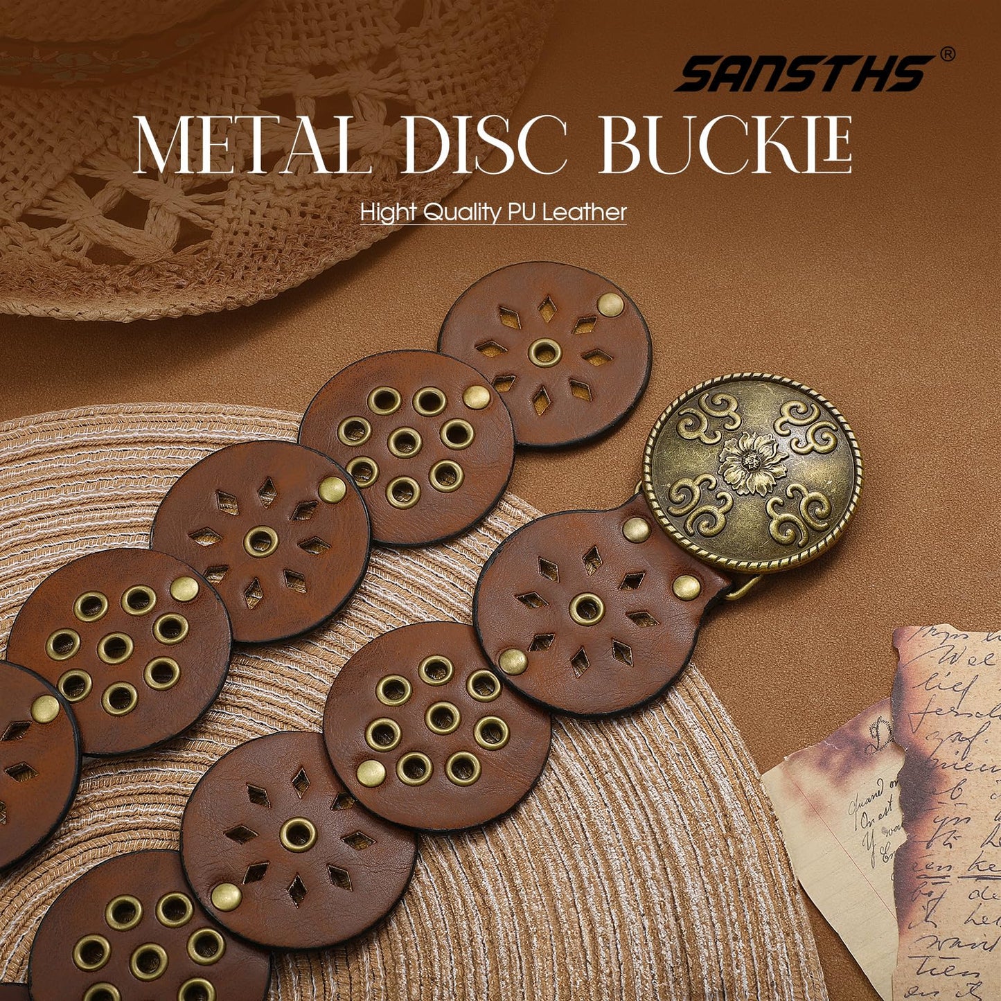 SANSTHS Vintage Disc Western Belts for Women, Wide Boho Concho Country Cowgirl Belts for Dress Jeans, Vintage Brown S