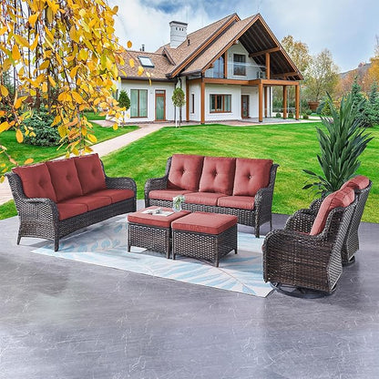 Rilyson Wicker Patio Furniture Set - 6 Piece Rattan Outdoor Sectional Conversation Sets with 2 Rocking Swivel Chairs,2 Ottomans and 2 Sofa for Porch Deck Garden(Brown/Red)