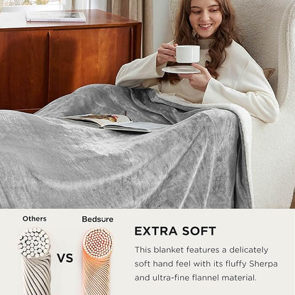 Bedsure GentleSoft Sherpa Fleece Oversized Cal King Blankets for Bed - Thick and Warm, Soft Fuzzy Plush Large Blanket for Winter, Light Grey, 112x98 Inches