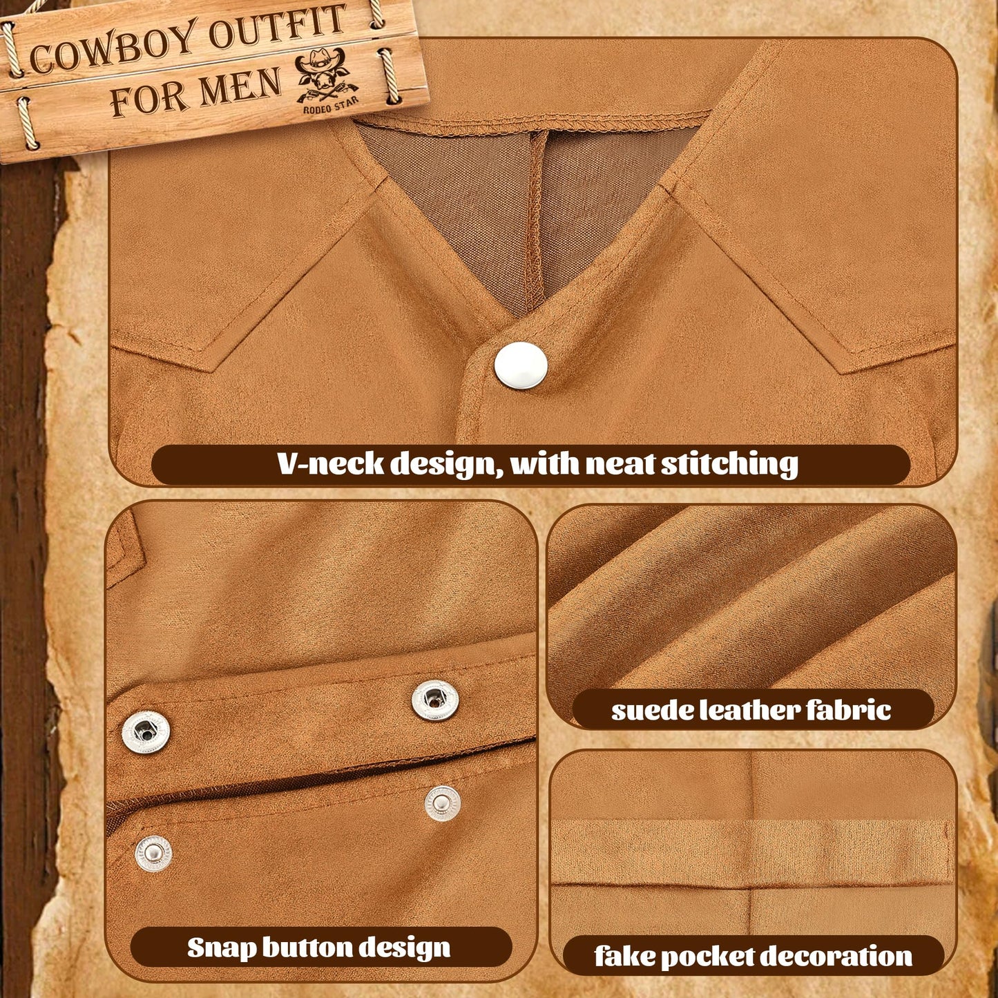 RIOSO Cowboy Outfit for Men Western Suede Leather Vest Belt Necktie Set Men's Cowboy Costume Accessories (Without Hat) Brown