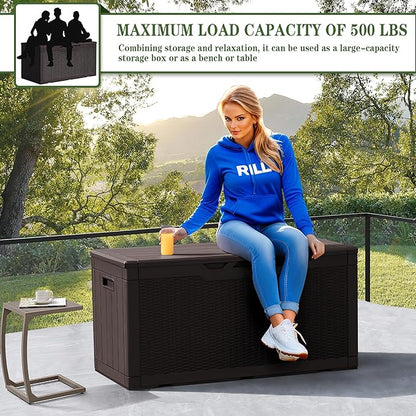 Greesum 100 Gallon Resin Deck Box Large Outdoor Storage, Imitation Rattan Weave Texture for Patio Furniture, Garden Tools, Pool Supplies, Weatherproof and UV Resistant, Lockable, Dark Brown