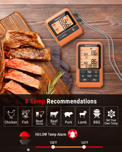 ThermoPro TP829 1000ft Wireless Meat Thermometer Digital for Grilling and Smoking, 4 Meat Probes Grill Thermometer for Outside Grill, BBQ Thermometer for Cooking Turkey Temperature Indicator
