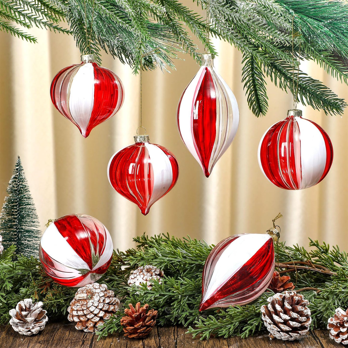 Motionchic 6 Pcs Christmas Candy Balls Ornament Glass Christmas Tree Decorations Red and White Striped Peppermint Hanging Xmas Decorations for Trees Party Wedding Holiday, 3 Styles