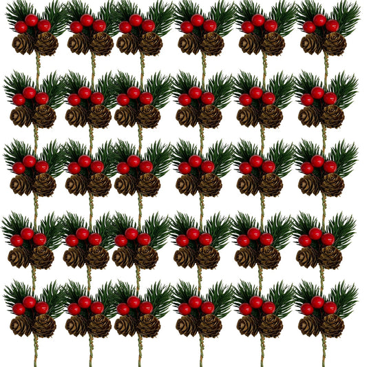 Acronde 30PCS Artificial Pine Picks Christmas Simulation Pine Needle Small Berries Pinecones for Flower Arrangements Wreaths Wedding Xmas Tree Decor (30, Red)