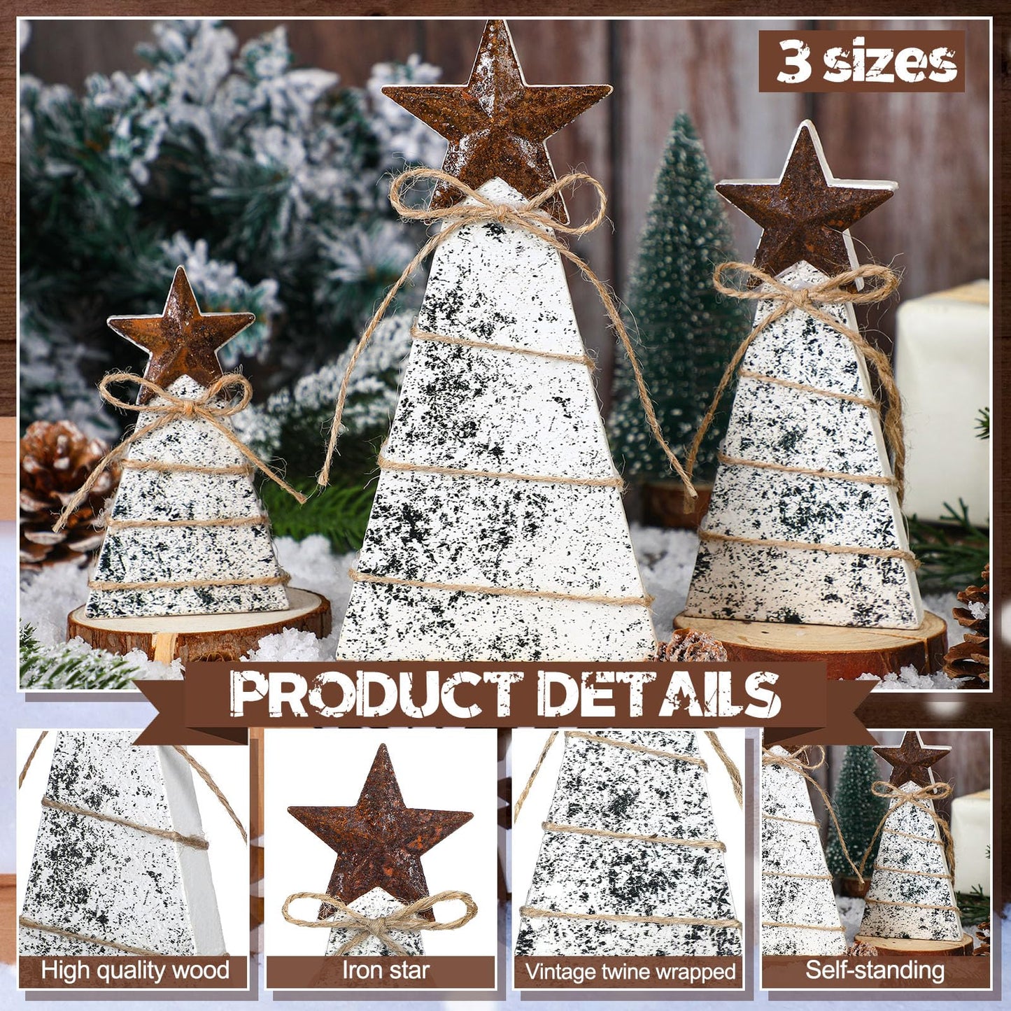 Bucherry 6 Pcs Wooden Christmas Tree Tabletop Decoration Christmas Trees Table Centerpieces Rustic Tiered Tray Decor with Iron Star Hemp Rope for Table Home Decor Xmas Holiday Sign