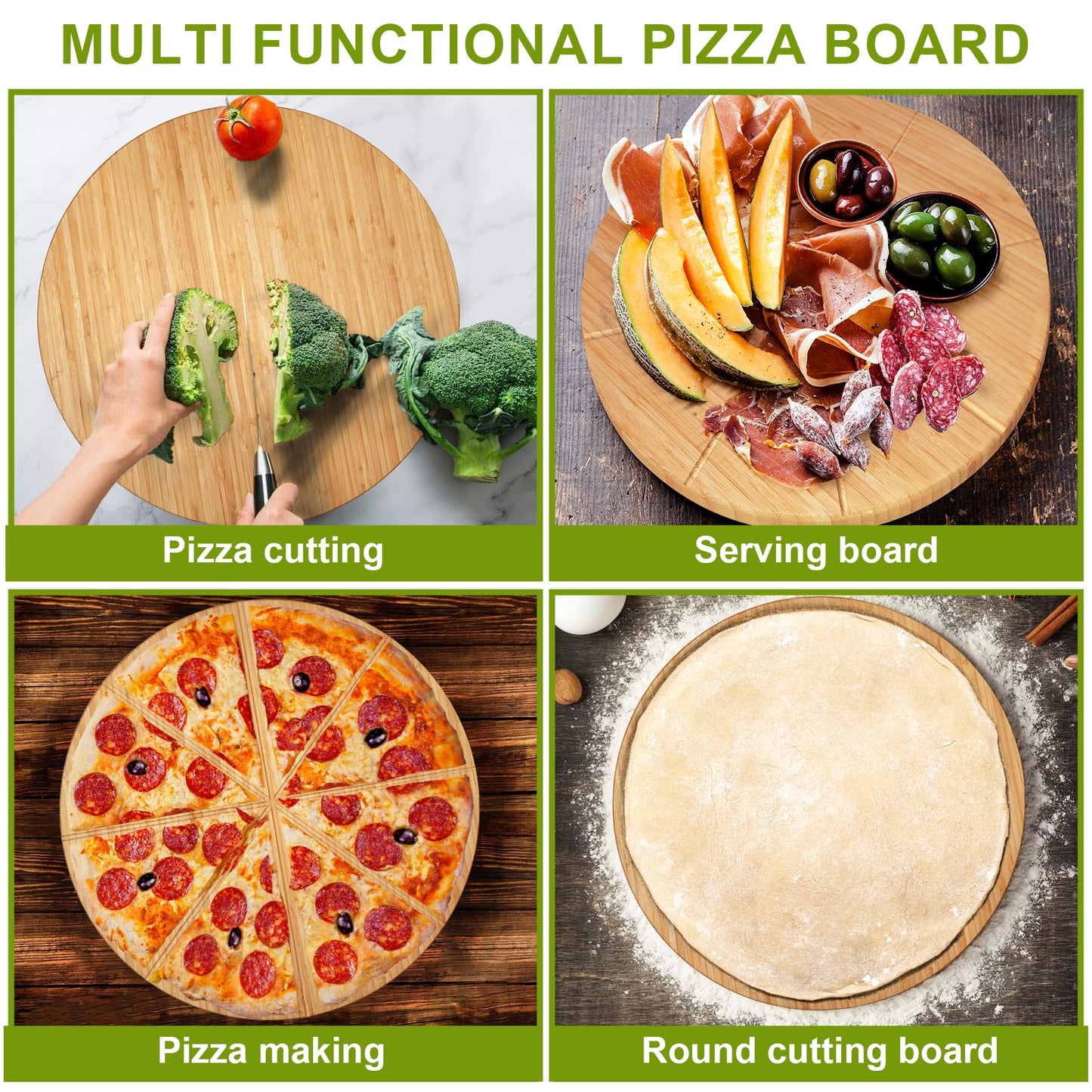 Pizza Cutting Board Round 12inch 2Pack Bamboo Wooden Lightweight Double Sided Pizza Tray Meat Bread Cheese Serving Platter Pizza Oven Accessories Pizza Prep Board Paddle Blocks Circular Circle